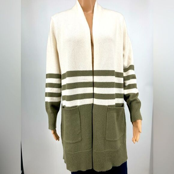 NWT Michael Kors Knit Open Front Long Cardigan White/Olive Size M - Picture 1 of 10
